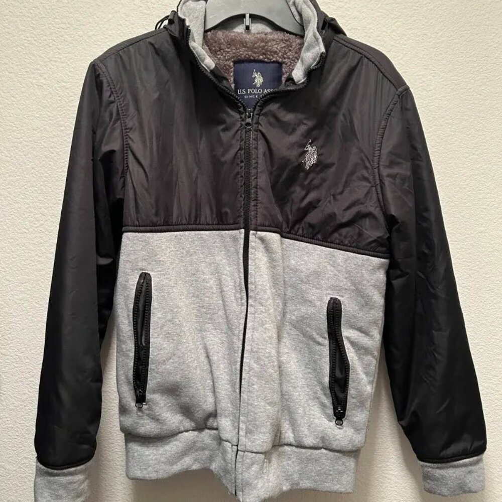U.S. POLO ASSN. Men Size Small Fleece Black Grey Hoodie - Fur/Fleece, Zipper